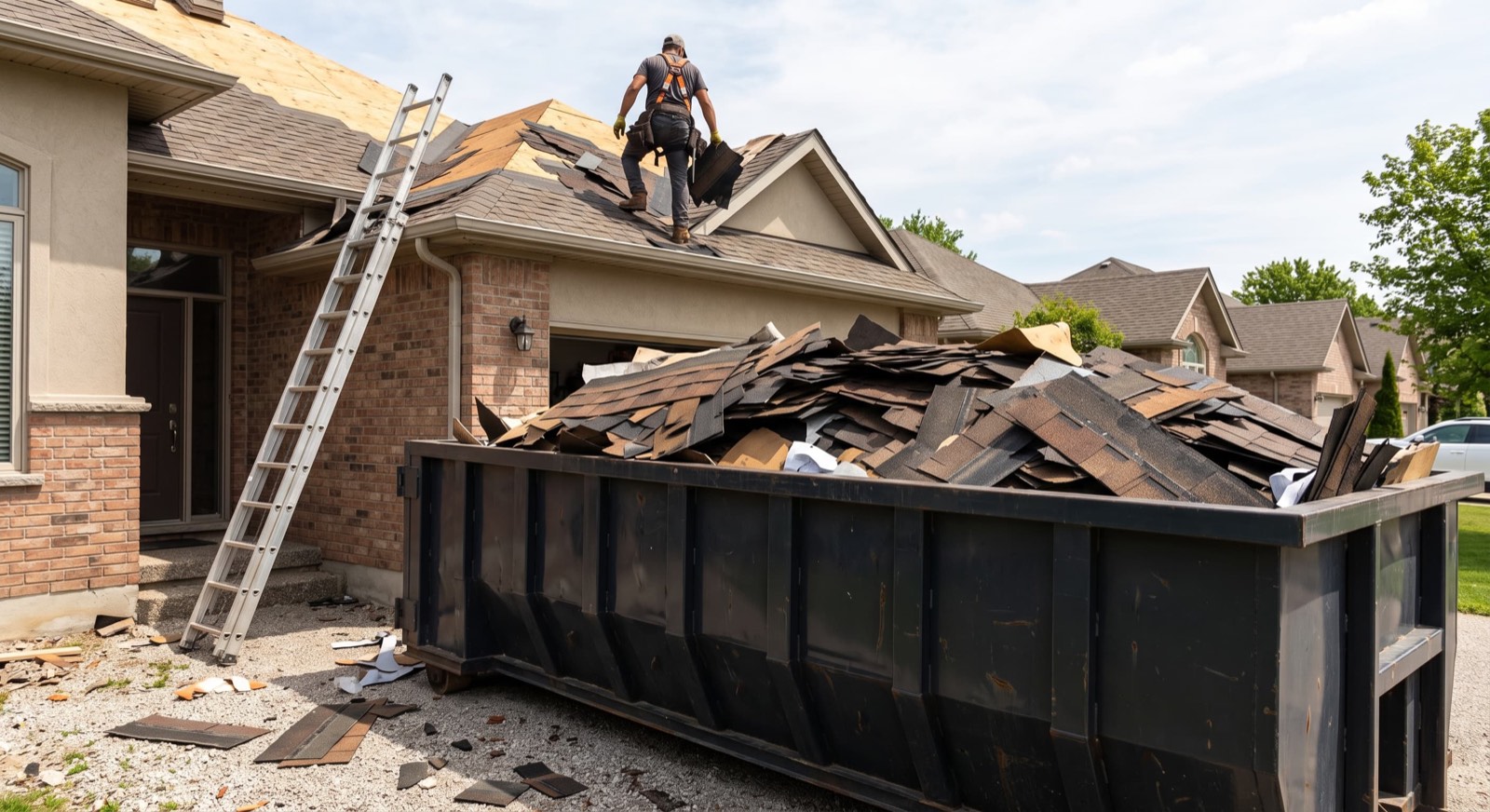 Dumpster filled with old asphalt roofing shingles during a roof tear-off